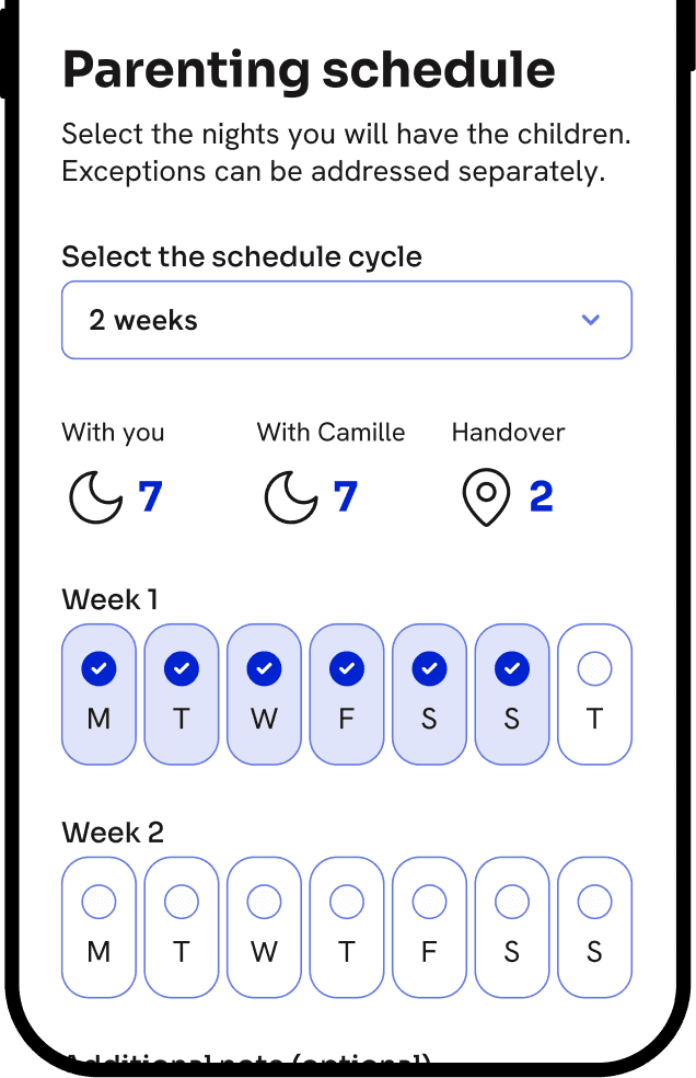 Parenting arrangements are broken into concrete decisions around schedules and responsibilities.